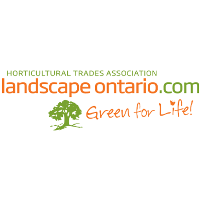The image shows a logo for "Landscape Ontario" with the tagline "Green for Life!" and includes the text "Horticultural Trades Association." It depicts a stylized green tree.