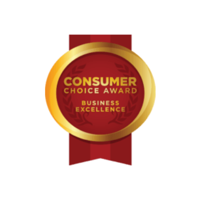 This image shows a circular, gold-colored "Consumer Choice Award" emblem with a red ribbon, symbolizing recognition for business excellence.