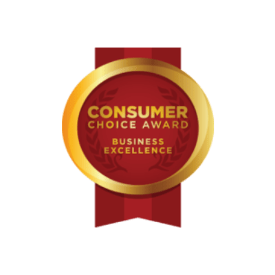 This image shows a circular, gold-colored "Consumer Choice Award" emblem with a red ribbon, symbolizing recognition for business excellence.